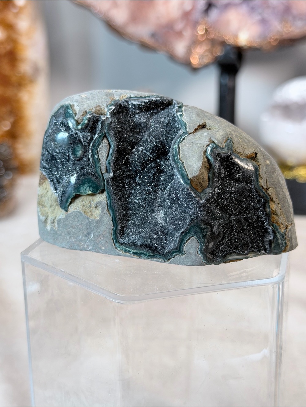 Black Amethyst Geode Freeform with Green Banding | Brazil | Natural Druzy